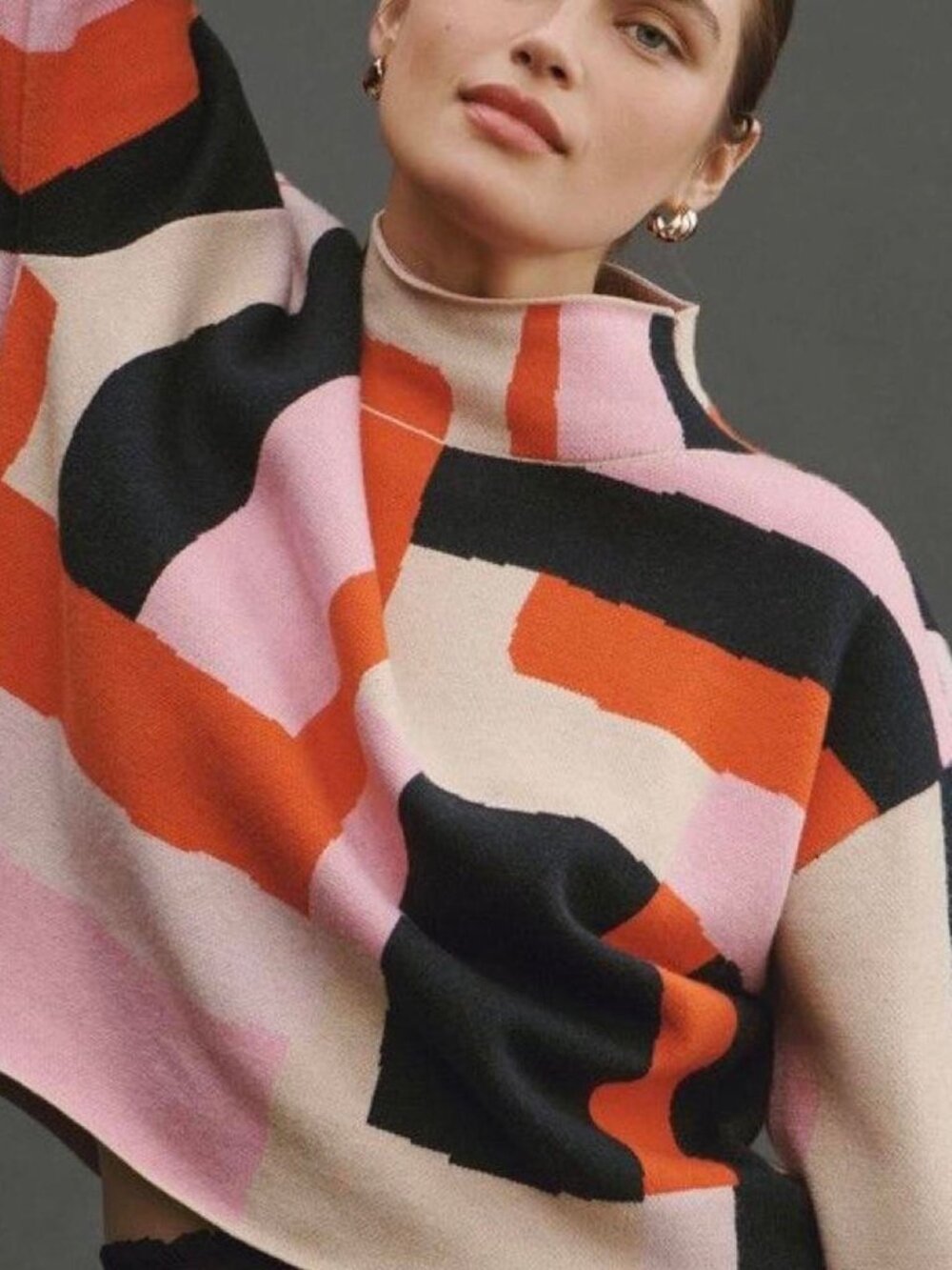Maeve Anthropologie Medium The Carys Mock-Neck Sweater Artsy Colorblock Abstract